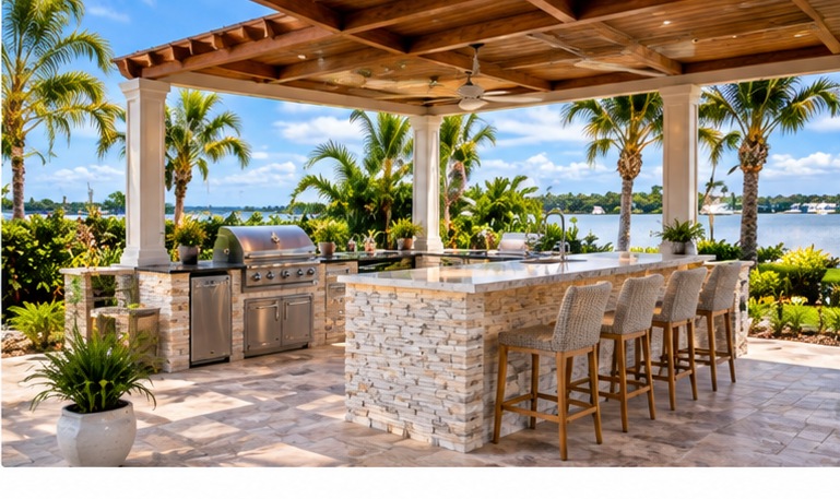 Luxury covered outdoor kitchen with stone island, bar seating, and Florida waterfront