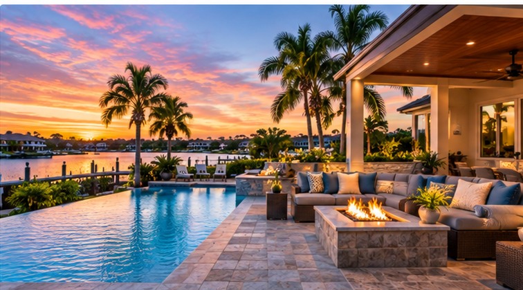 Luxury waterfront poolside lounge with fire pit and covered outdoor living area