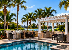Completed waterfront kitchen in a coastal Florida outdoor living setting — illustrative design image