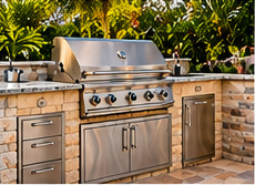 Built-in grill in a coastal Florida outdoor living setting — illustrative design image