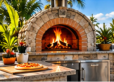 Stone pizza oven in a coastal Florida outdoor living setting — illustrative design image