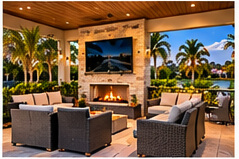 Coastal entertaining lounge in a coastal Florida outdoor living setting — illustrative design image