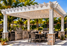 White pergola kitchen in a coastal Florida outdoor living setting — illustrative design image