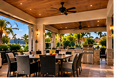 Covered dining and kitchen in a coastal Florida outdoor living setting — illustrative design image