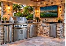 Luxury outdoor cooking area in a coastal Florida outdoor living setting — illustrative design image